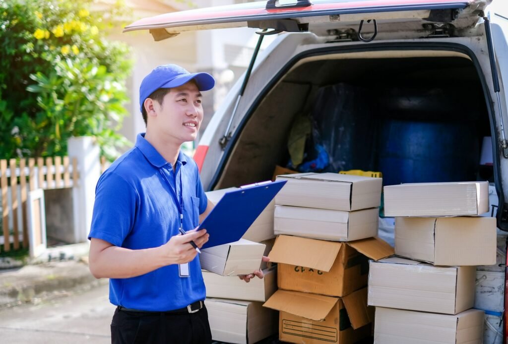 Young delivery man in blue uniform checking product boxes to send to customers on transportation veh